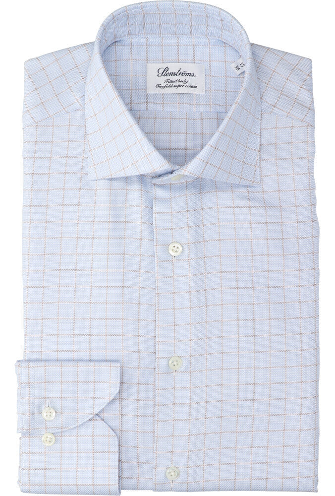 Chemise en coton bleu clair (coupe confort) à carreaux et manches longues Stenströms