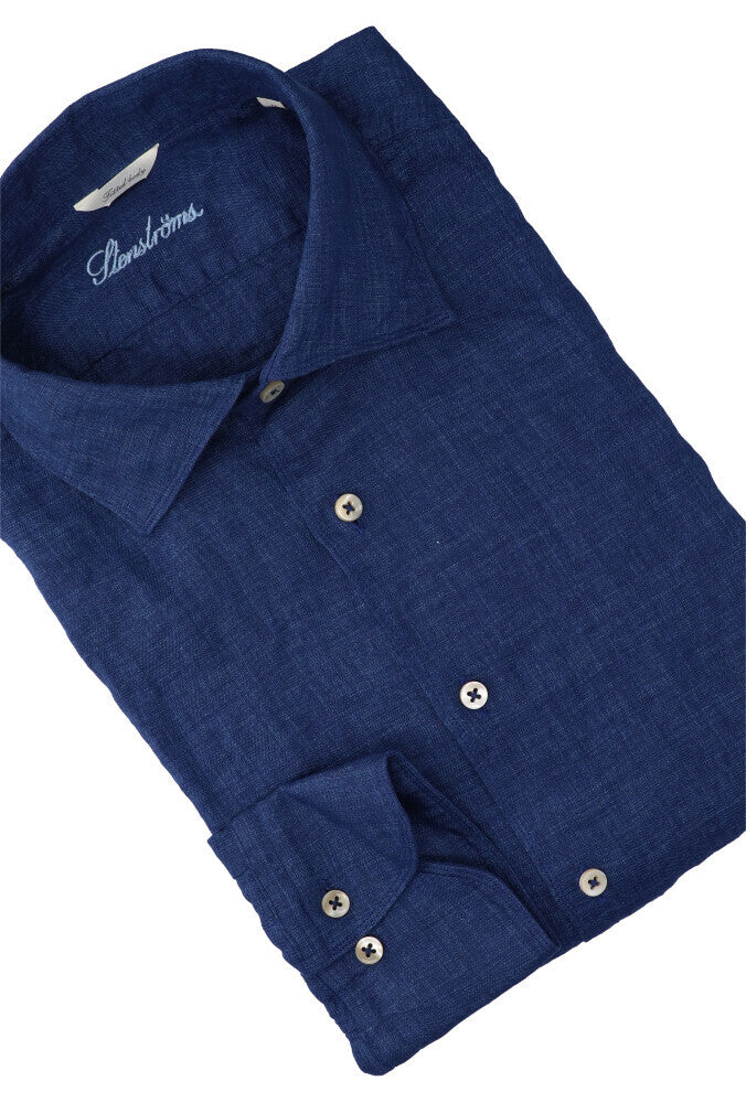 Chemise en lin bleu jean (coupe classique) à manches longues Stenströms