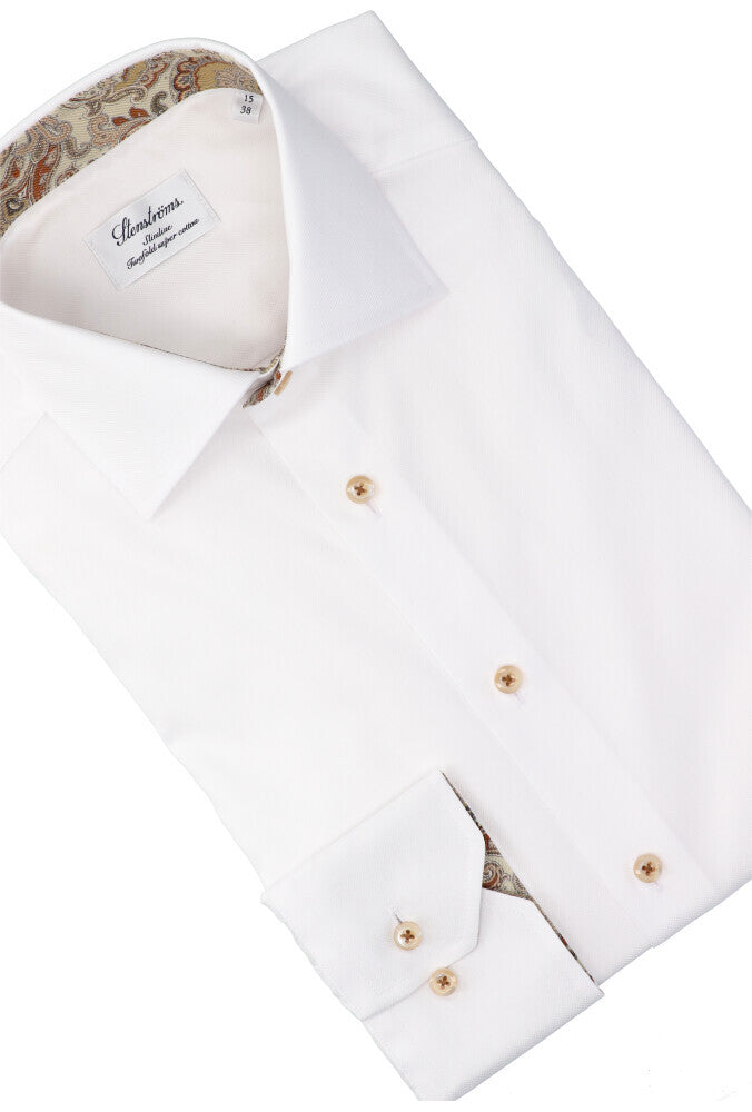 Wit katoenen hemd (slim fit) met lange mouwen en beige knopen Stenströms