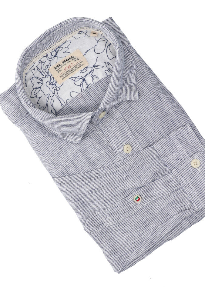 Chemise en lin blanc (coupe ajustée) à rayures et manches longues Fil Noir