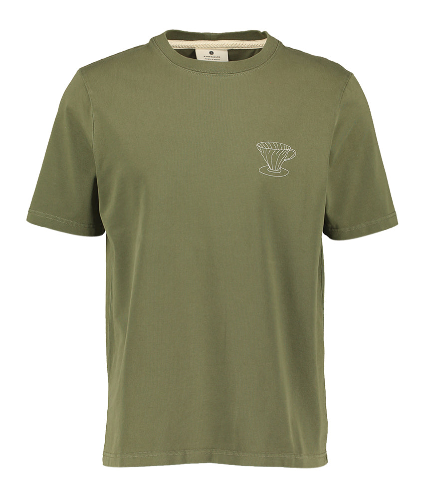 T-shirt en coton kaki à col rond et imprimé au dos Anerkjendt