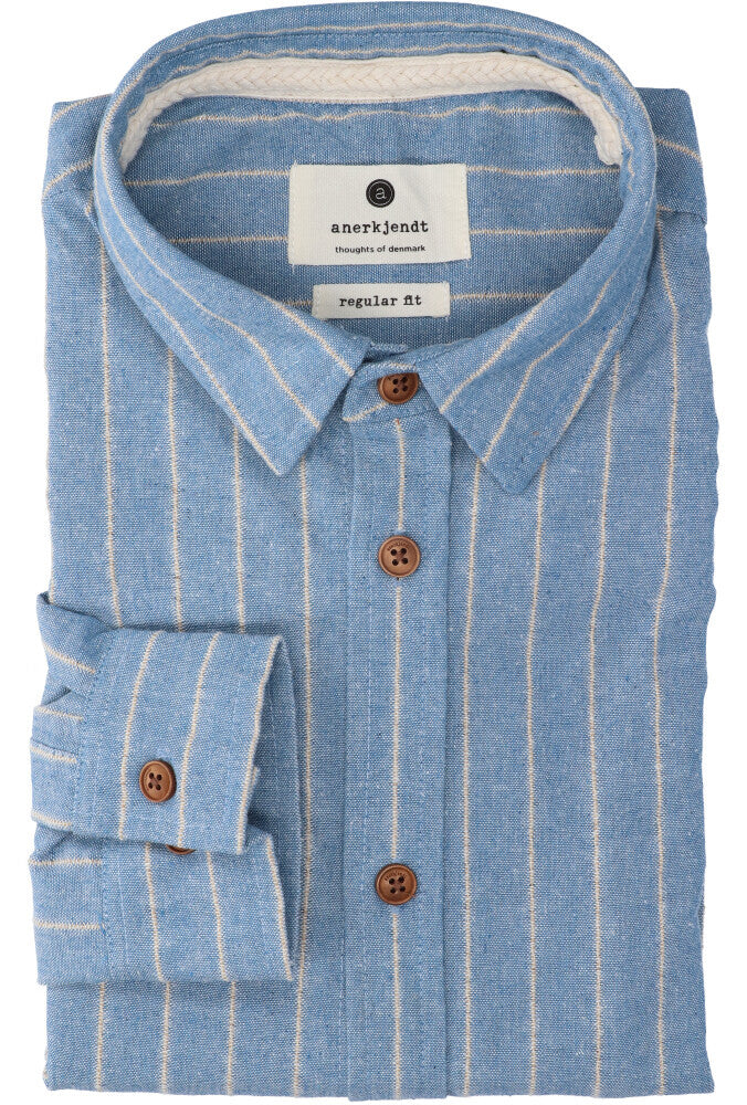 Chemise en lin bleu (coupe classique) à rayures et manches longues