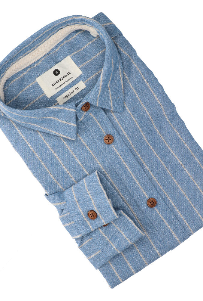 Chemise en lin bleu (coupe classique) à rayures et manches longues