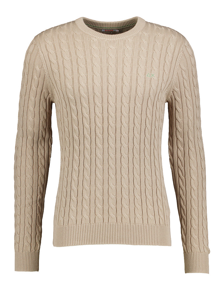 Pull Sun 68 beige à col rond en maille torsadée