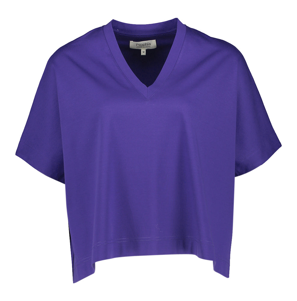 T-shirt en coton bleu cobalt à col en V et manches courtes Psophia