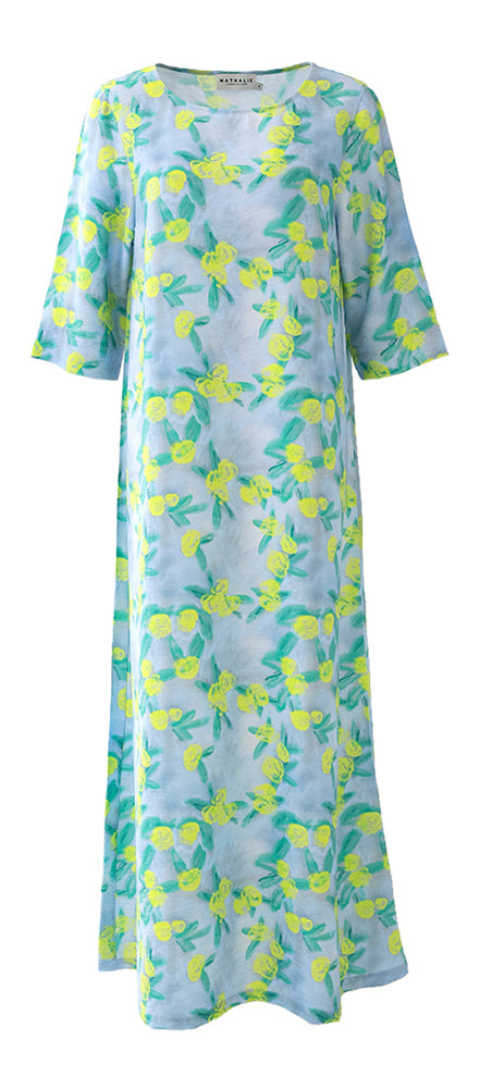 Robe longue ample bleue à imprimé fleuri Francine Nathalie Vleeschouwer