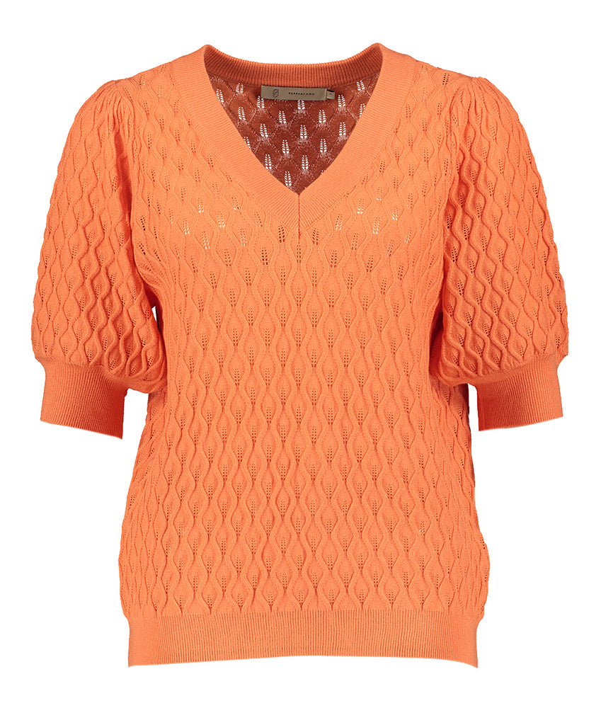 Pull Rosalia Peppercorn orange à col en V et manches courtes