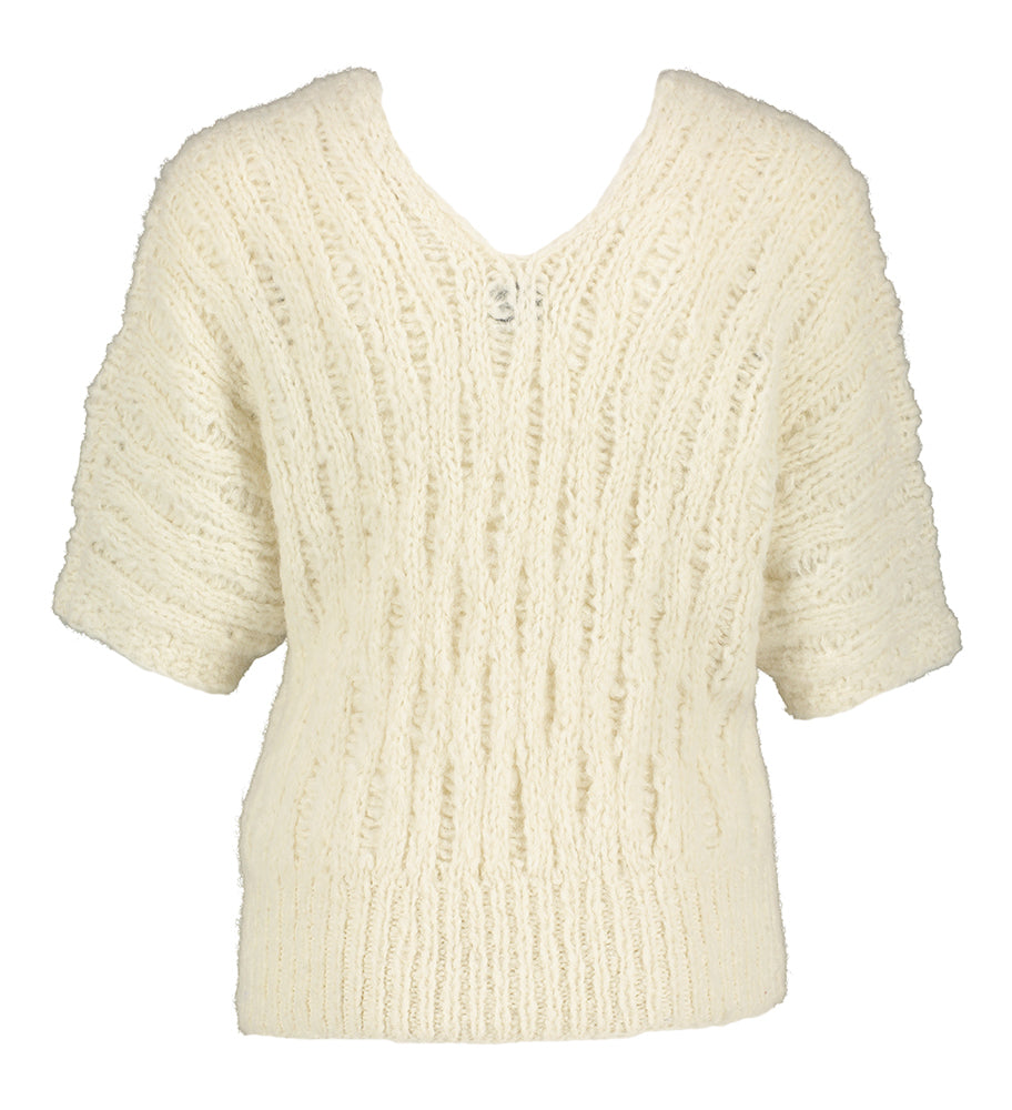 Ecru wollen pull met V-hals en korte mouwen Rosa Inti