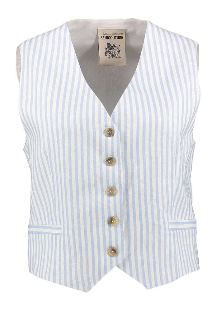 Gilet en lin rayé bleu clair et blanc avec boutons Semicouture