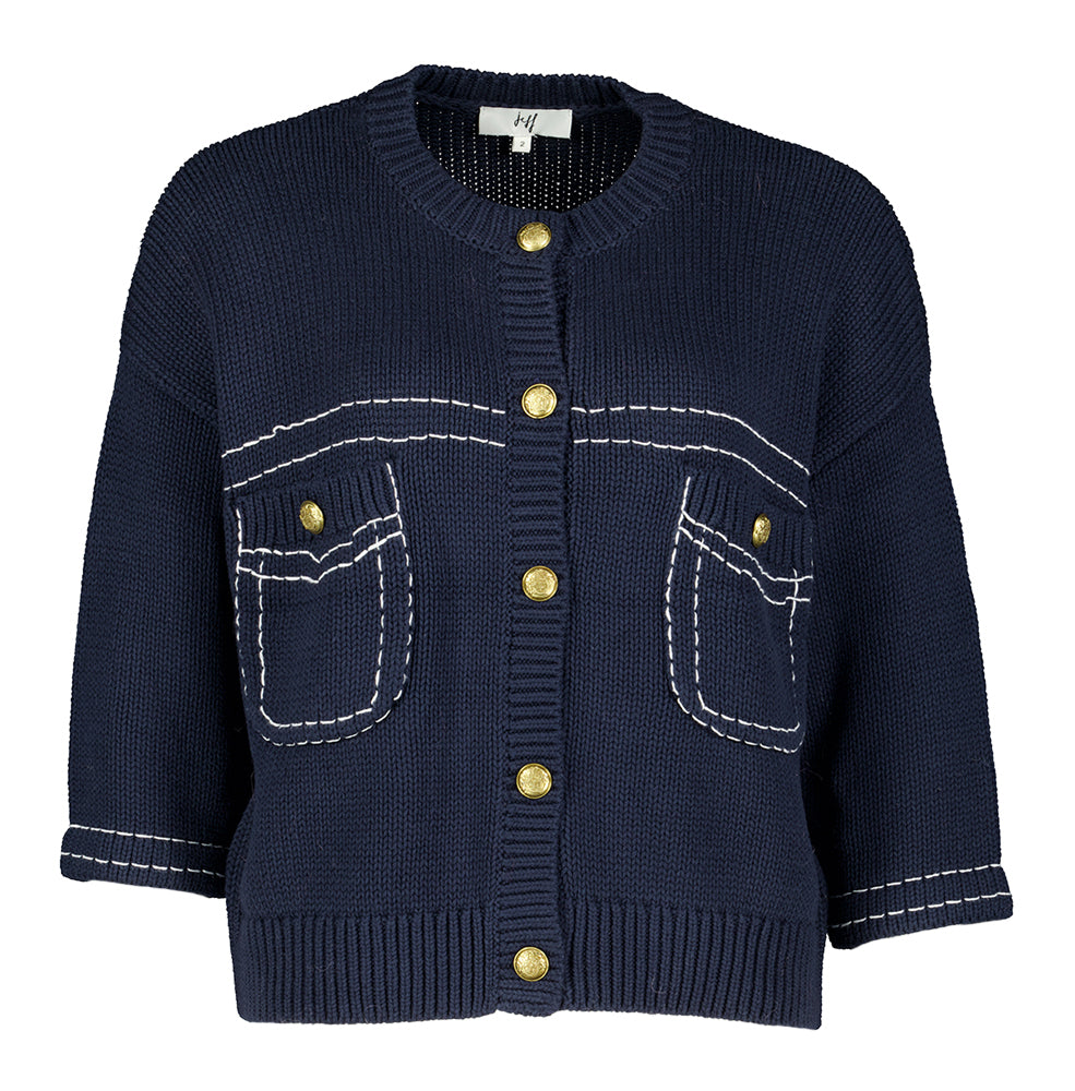 Gilet en coton bleu foncé avec surpiqûres blanches et boutons dorés Charli Jeff