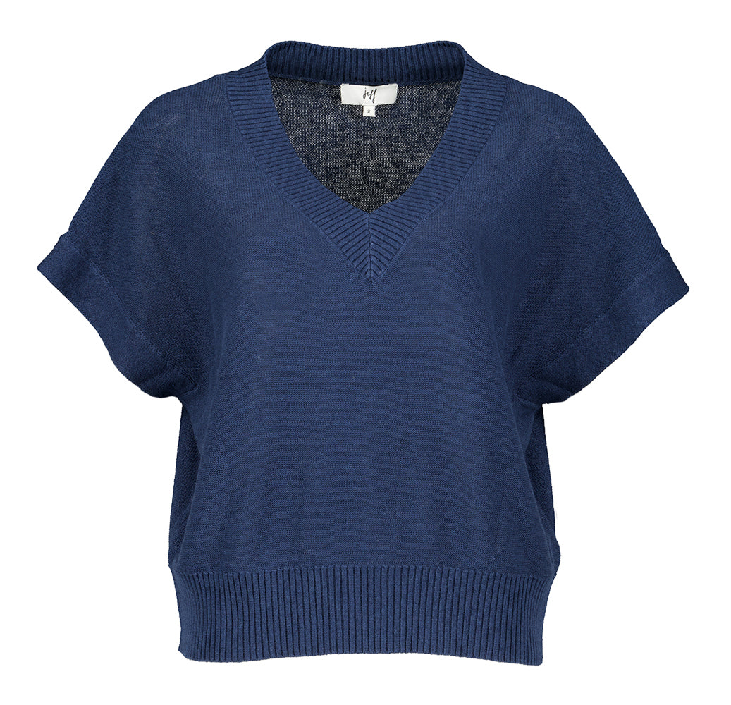Pull bleu foncé à col en V avec Ellie Jeff