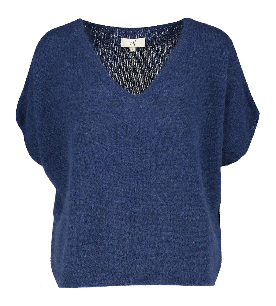 Donkeblauwe wollen trui met alpaca Jeff