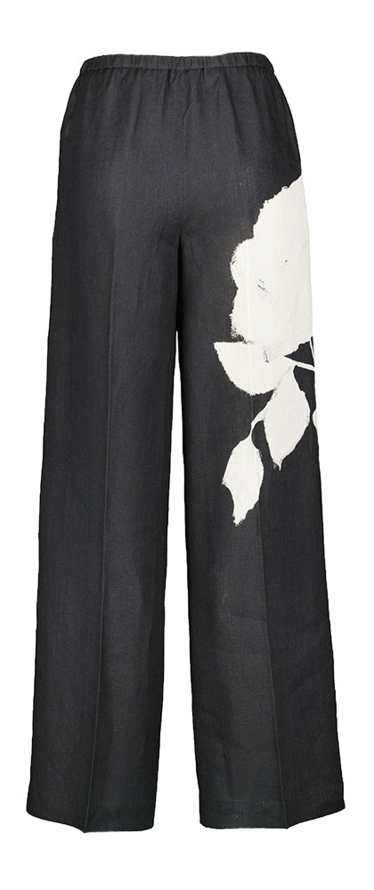 Donkergrijze linnen broek met ecru print op één been Liviana Conti