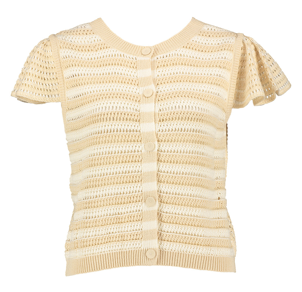 Ensemble twin-set beige en crochet avec boutons au dos