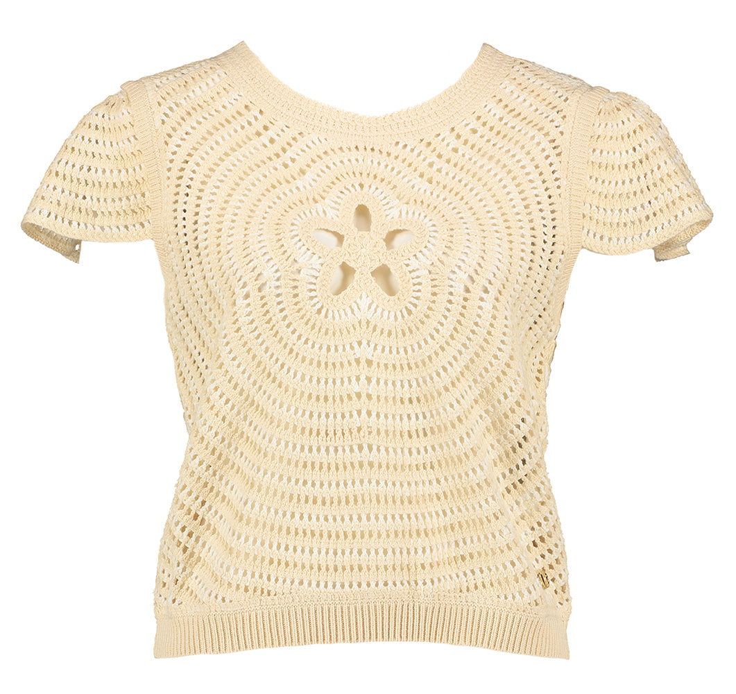 Ensemble twin-set beige en crochet avec boutons au dos