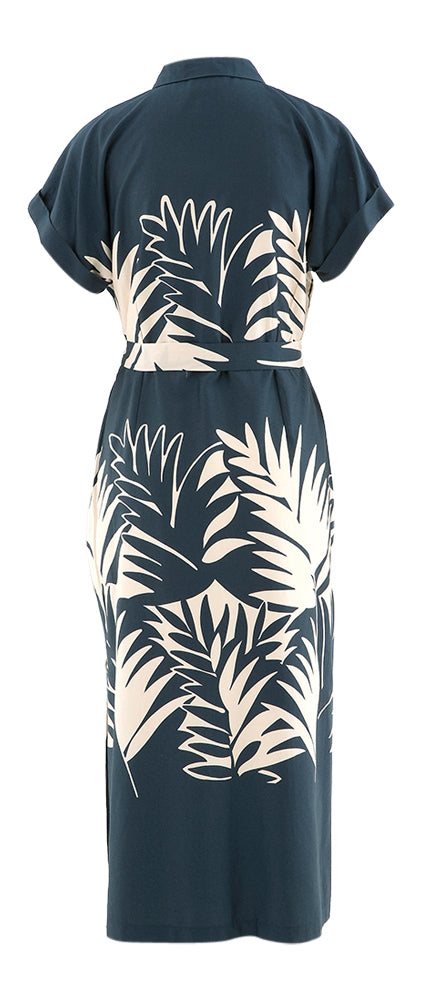 Robe longue bleu foncé à imprimé floral beige et fente latérale Nelles Atmos