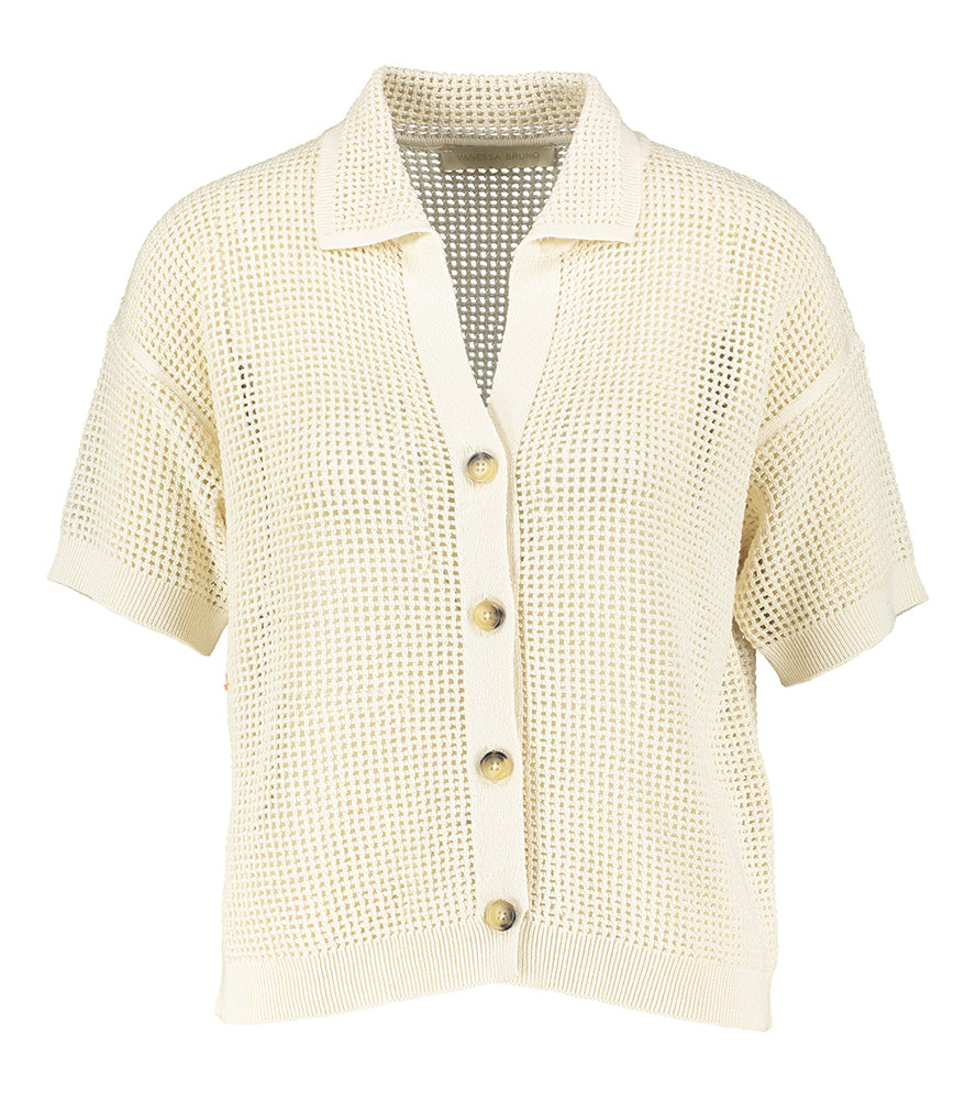 Pull beige en crochet à manches courtes et boutons Edelweiss Vanessa Bruno