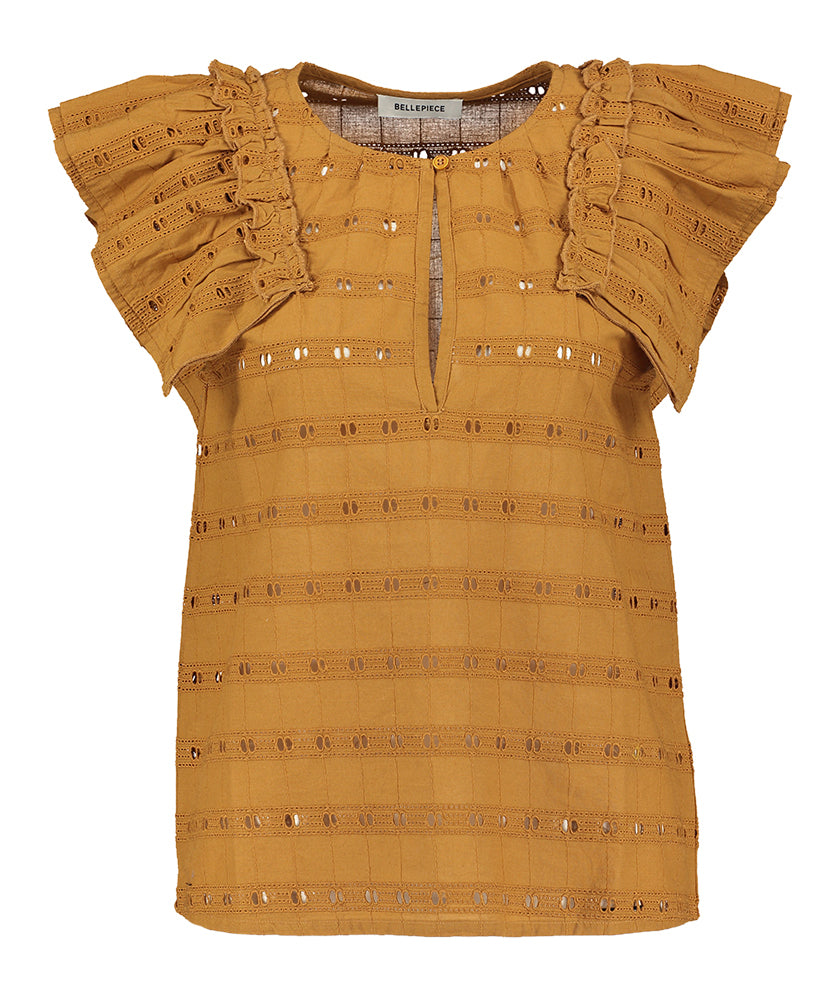 Caramel kleurige top met freule Lagos Bellepiece