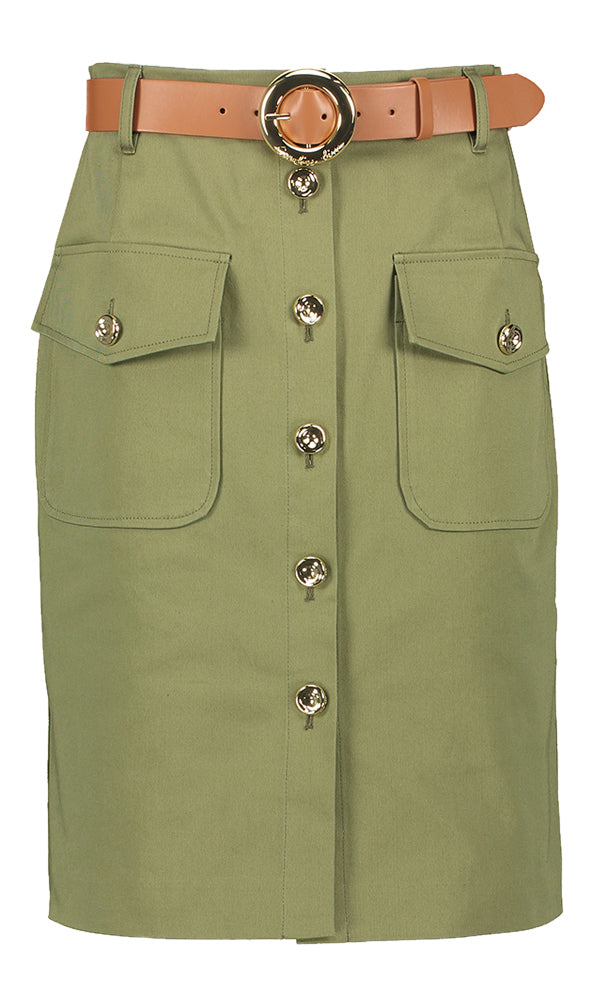 Kaki groene rok met goudkleurige detailknopen Caroline Biss