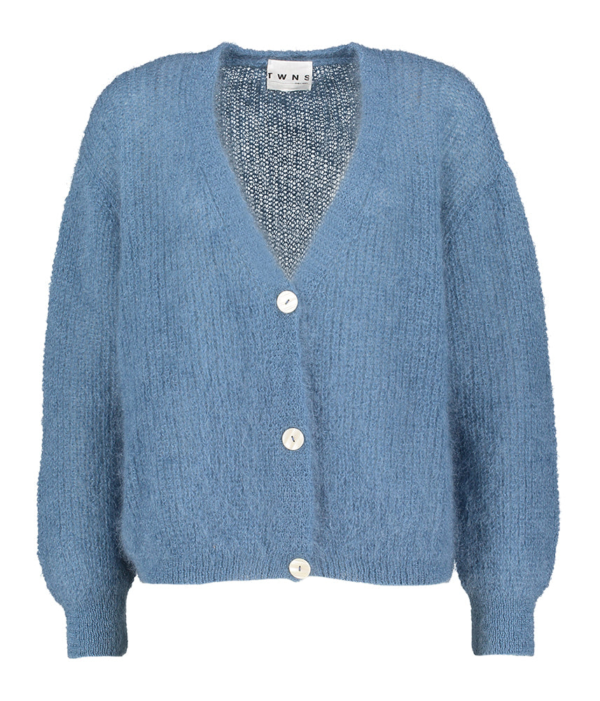 Gilet en laine bleu pétrole avec boutons en nacre Twins