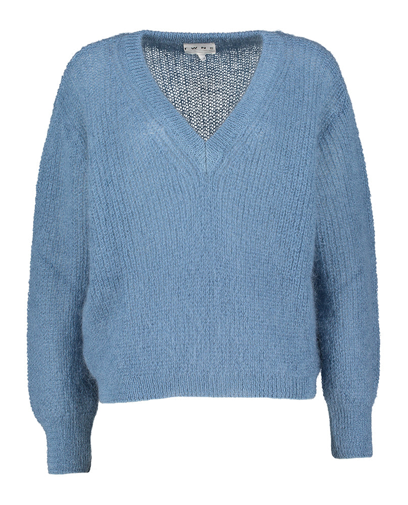 Pull en laine bleu pétrole à col en V Twins