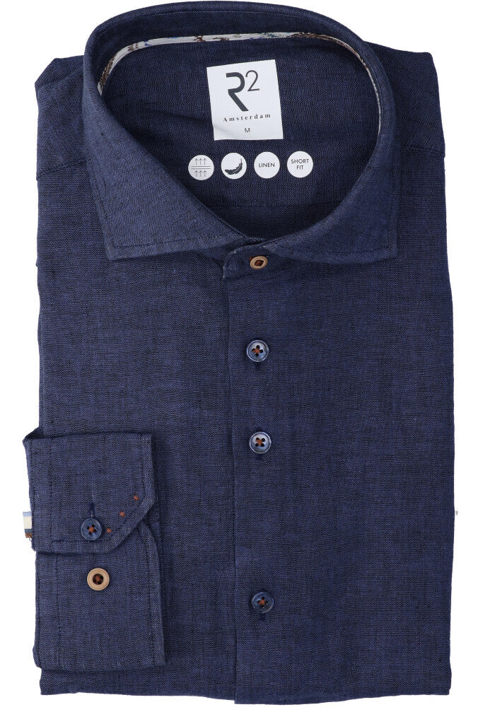 Donkerblauw linnen hemd (regular fit) met lange mouwen R2