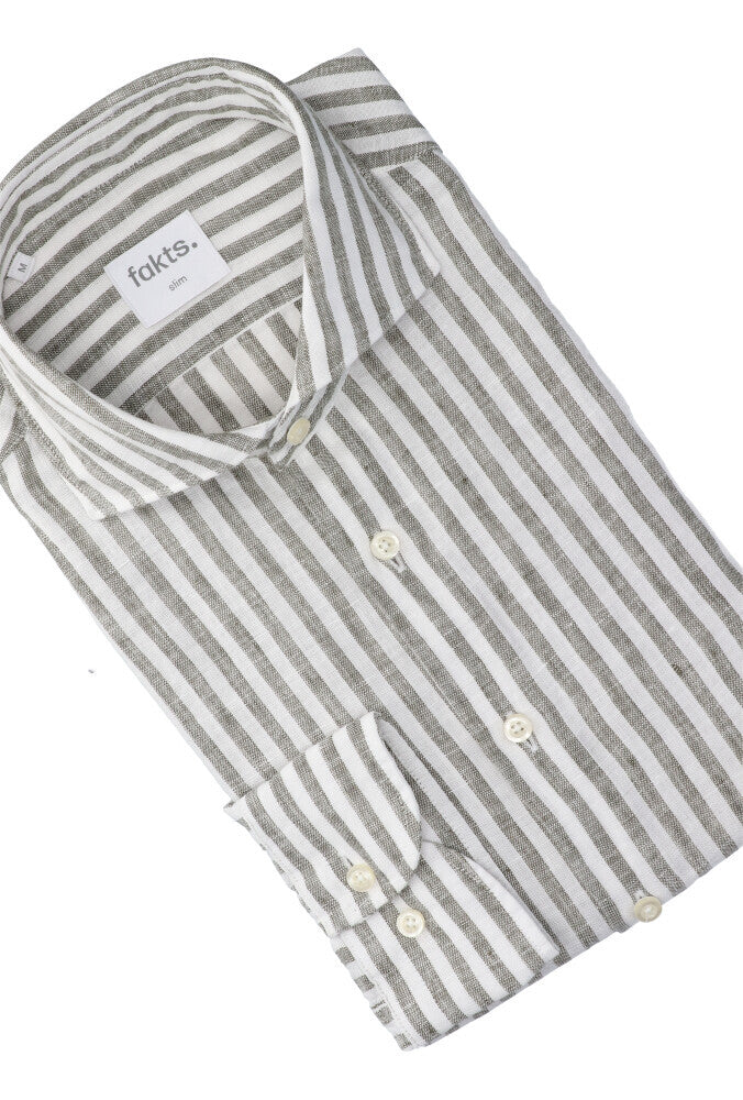 Chemise en lin rayé olive et blanc (coupe ajustée) à manches longues Leisure Fakts