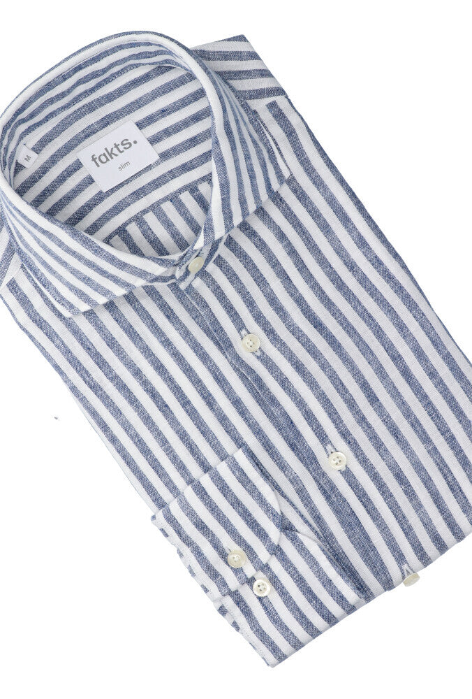 Chemise en lin rayée bleue et blanche (coupe ajustée) à manches longues Leisure Fakts