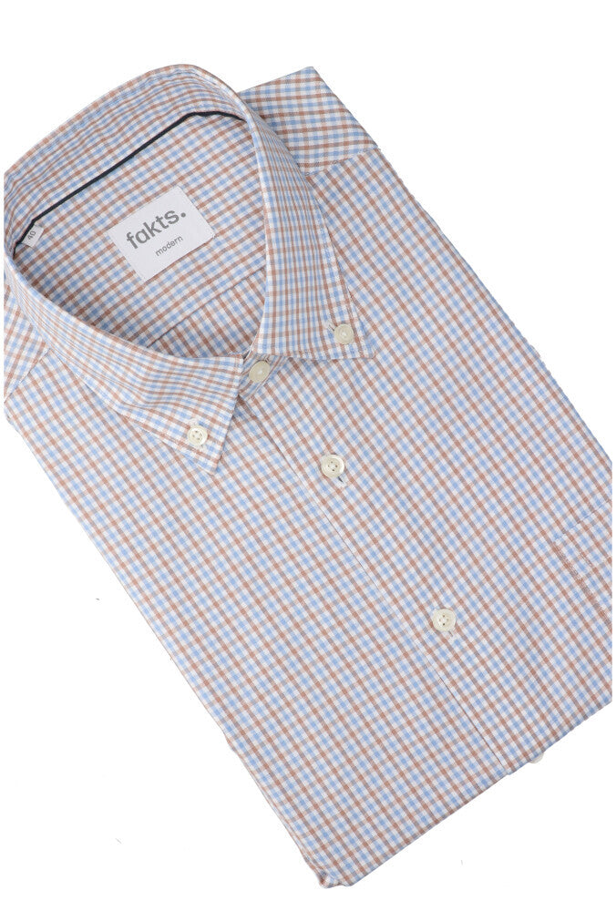 Blauw en bruin geruit katoenen hemd (regular fit) met korte mouwen Busy Fakts