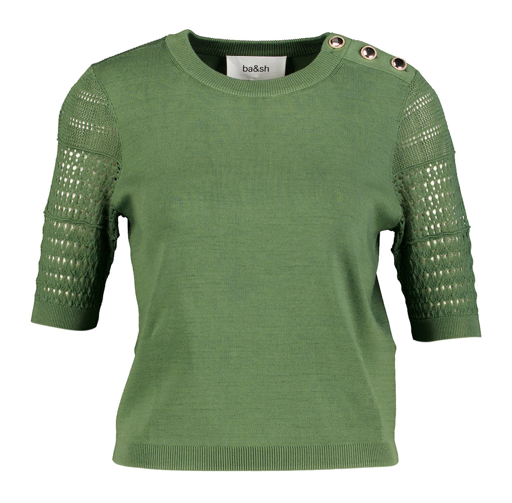 Groene pull met ronde hals en korte mouwen in broderie Shirley BA&SH