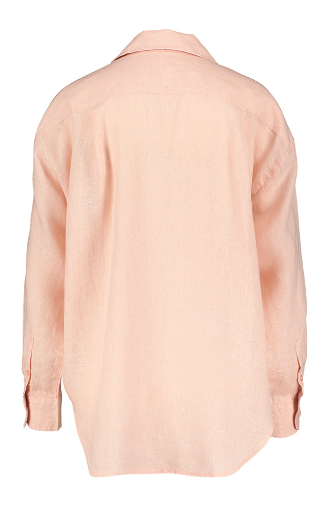 Chemisier en lin rose saumon à boutons et manches longues, imprégné de luxe