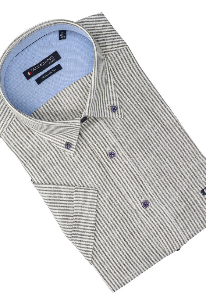 Chemise en lin rayée blanche et verte (coupe classique) à manches courtes Giordano