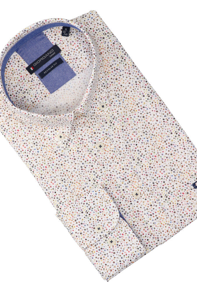 Chemise Giordano en coton écru à imprimé floral (coupe classique) à manches longues