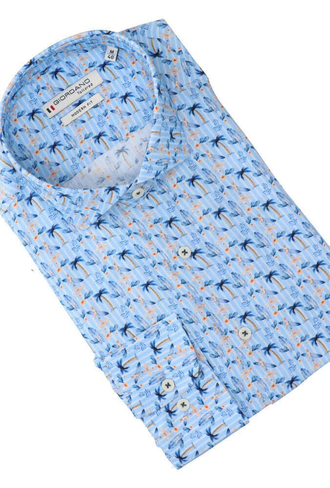 Blauw hemd (regular fit) in tropische print met lange mouwen Giordano