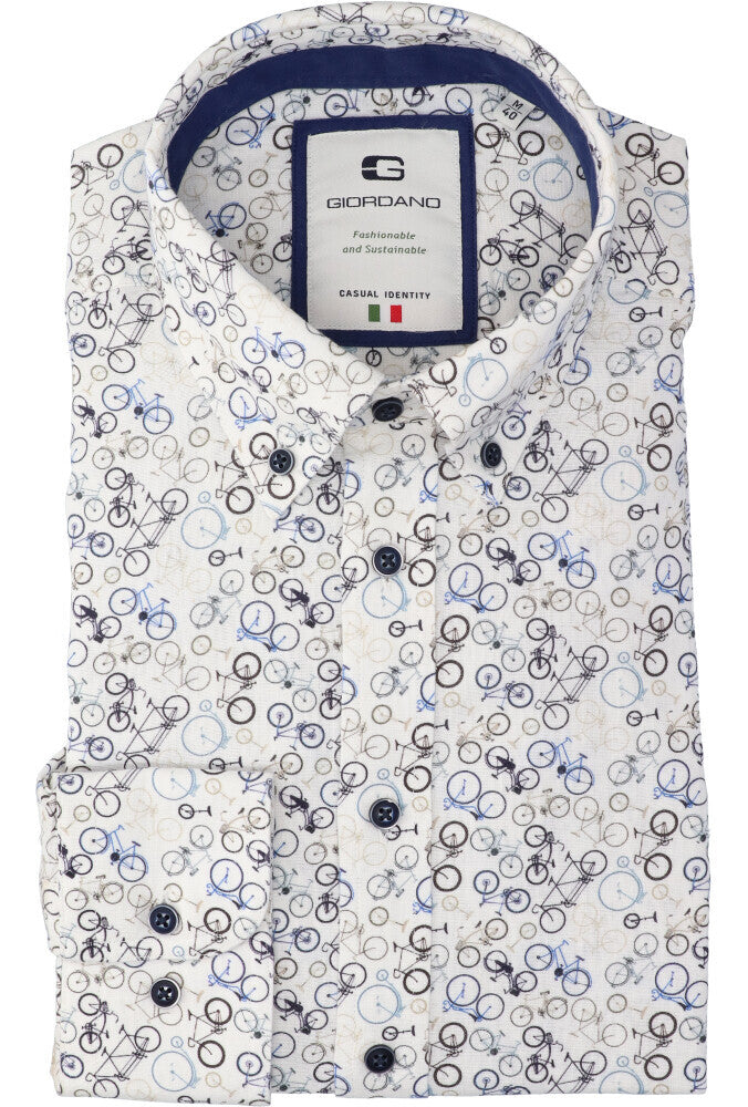 Chemise en lin blanc (coupe classique) à manches longues Giordano, avec motifs de vélos