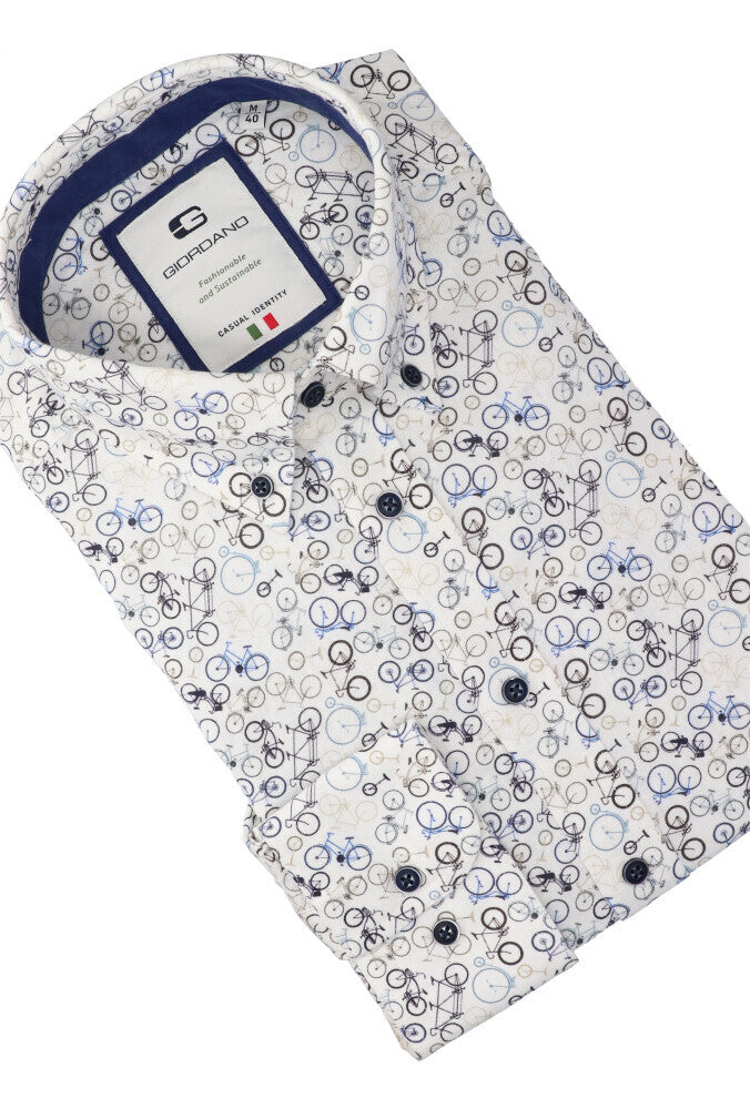 Chemise en lin blanc (coupe classique) à manches longues Giordano, avec motifs de vélos