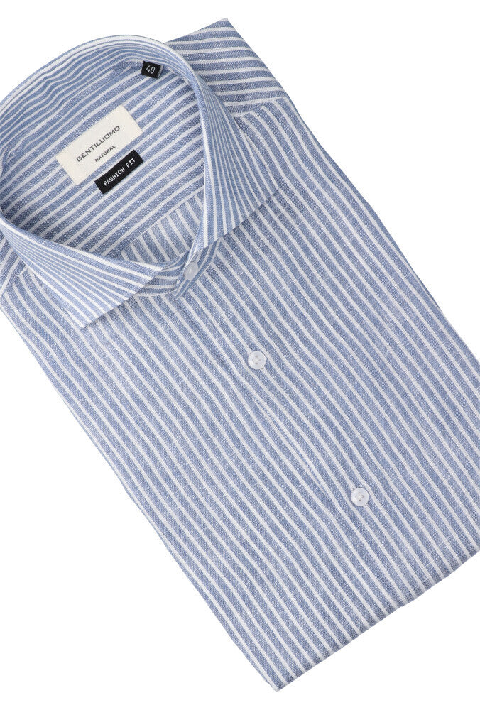 Chemise en lin bleu (coupe classique) à rayures et manches longues Gentiluomo