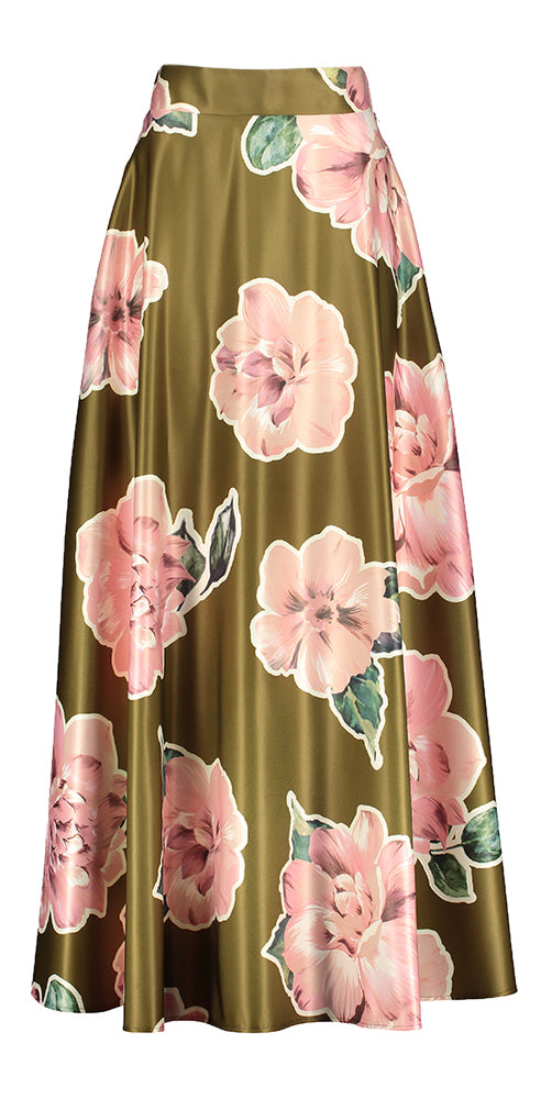 Kakigroene glanzende lange rok met lichtroze bloemenprint Rinascimento