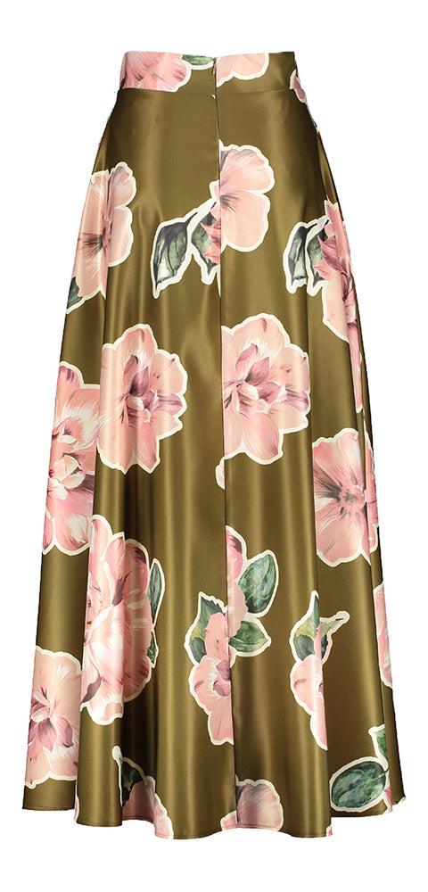Jupe longue brillante vert kaki à imprimé floral rose pâle Rinascimento
