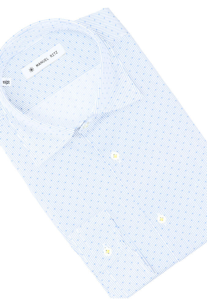 Chemise blanche en coton (coupe ajustée) à manches longues et imprimé bleu, Manuel Ritz