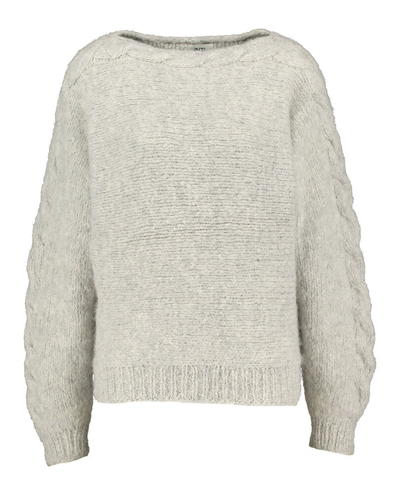 Pull gris tricoté à torsades et laine aplaca Jip Inti