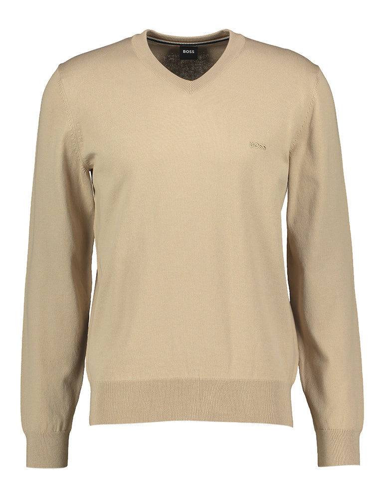 Pull en coton beige à col en V Hugo Boss