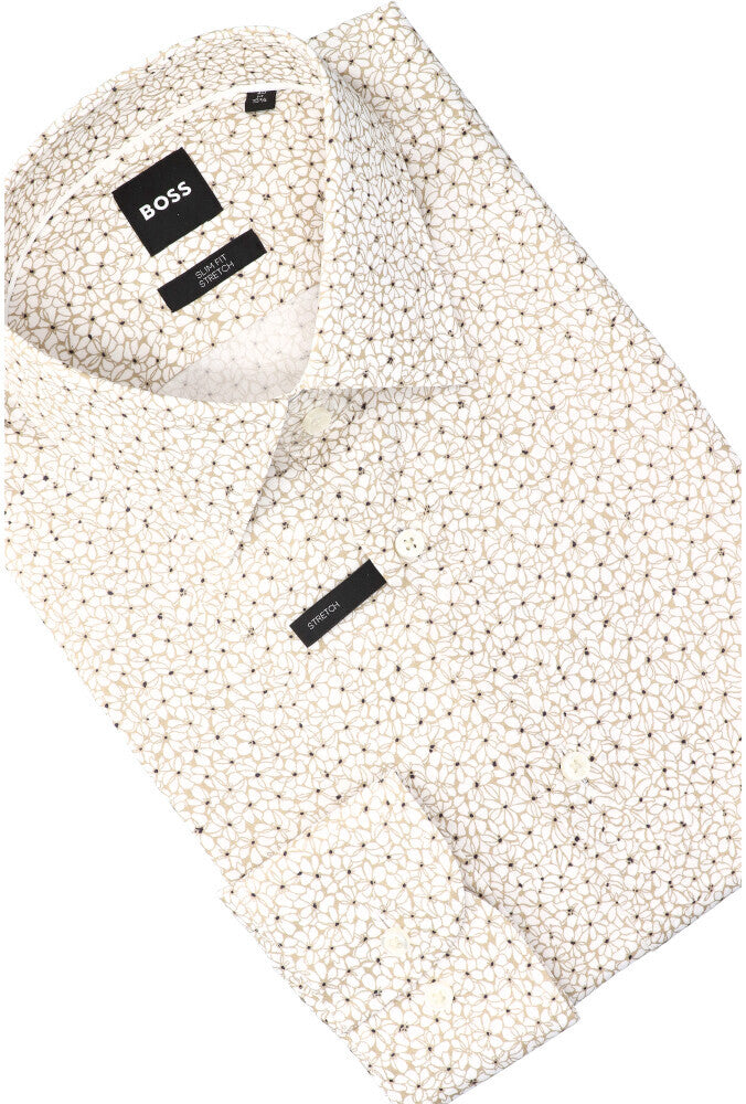 Chemise blanche en coton (coupe ajustée) à imprimé floral beige et manches longues Hank Hugo Boss