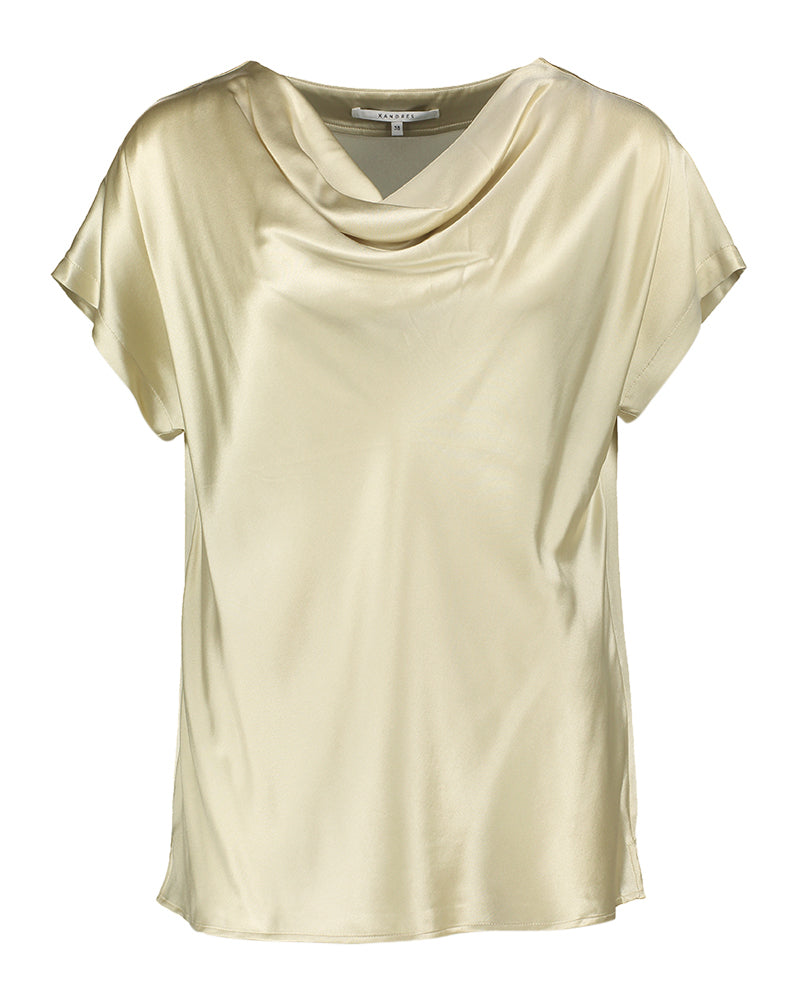 Taupe zijden bloes met watervalkraag Hodina Xandres