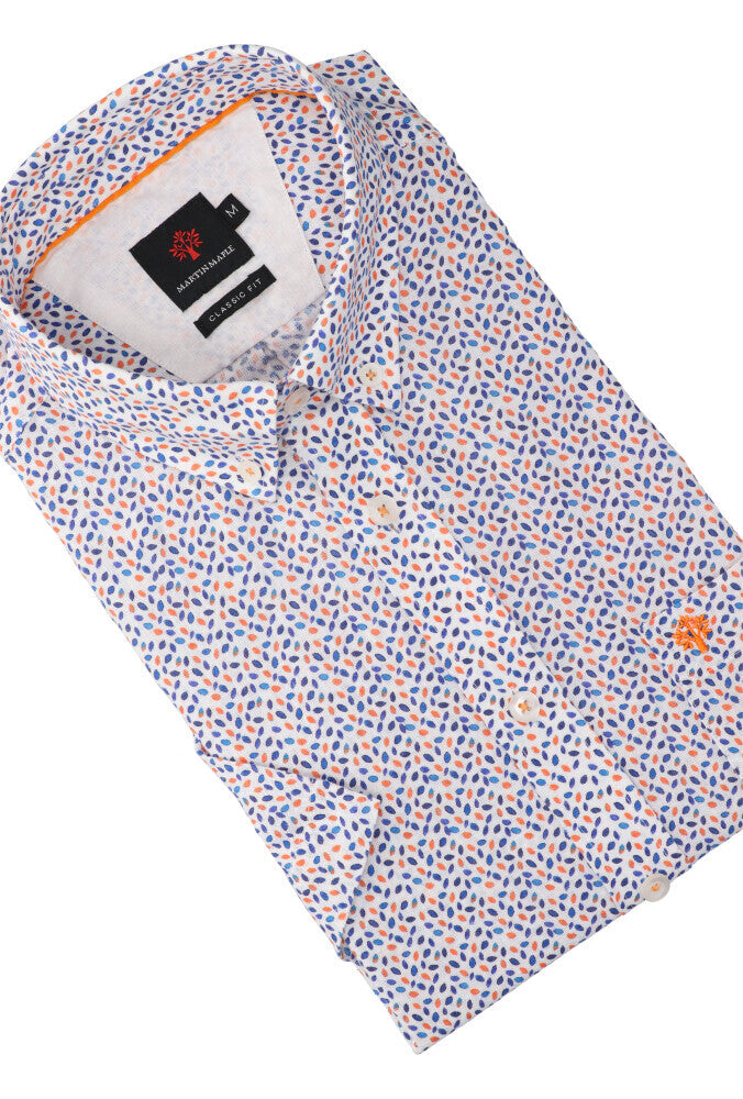 Chemise en lin blanc (coupe classique) à manches courtes, ornée de détails bleus et orange, Martin Maple