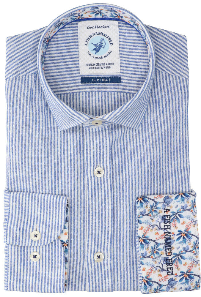 Chemise blanche en lin bleu (coupe classique) à rayures et manches longues, inspirée du film Un poisson nommé Fred