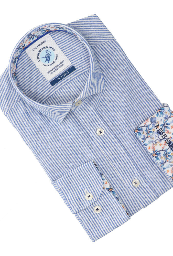 Chemise blanche en lin bleu (coupe classique) à rayures et manches longues, inspirée du film Un poisson nommé Fred
