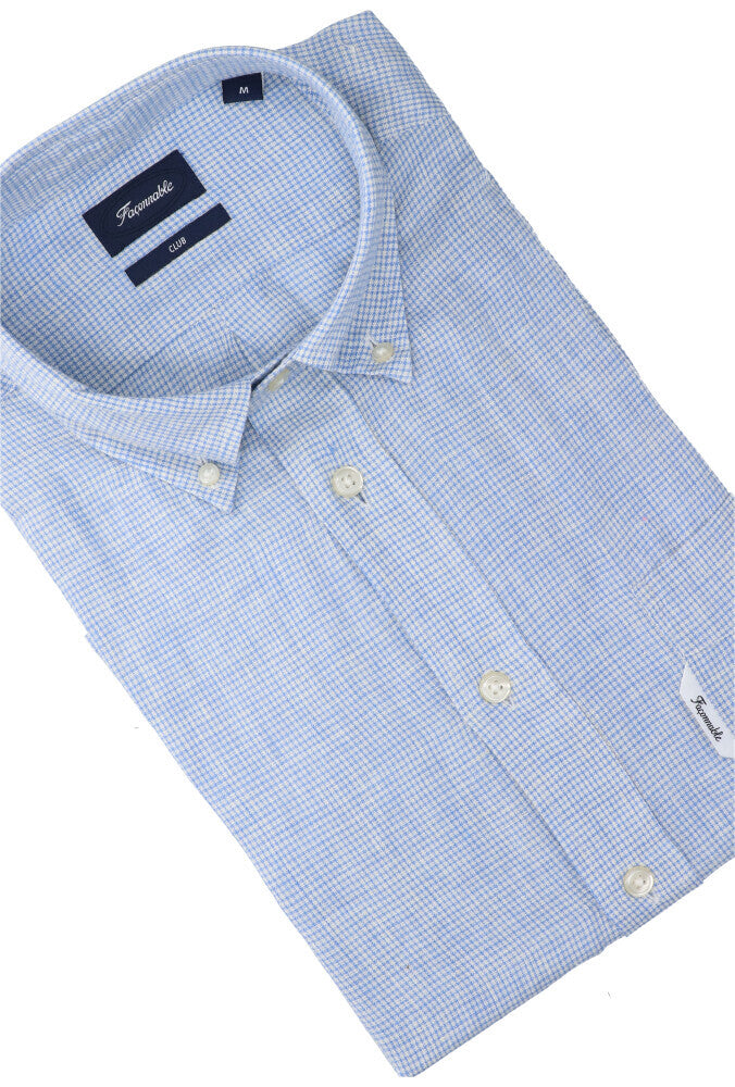 Chemise en lin blanc (coupe classique) à carreaux vichy bleus et manches longues Faconnable