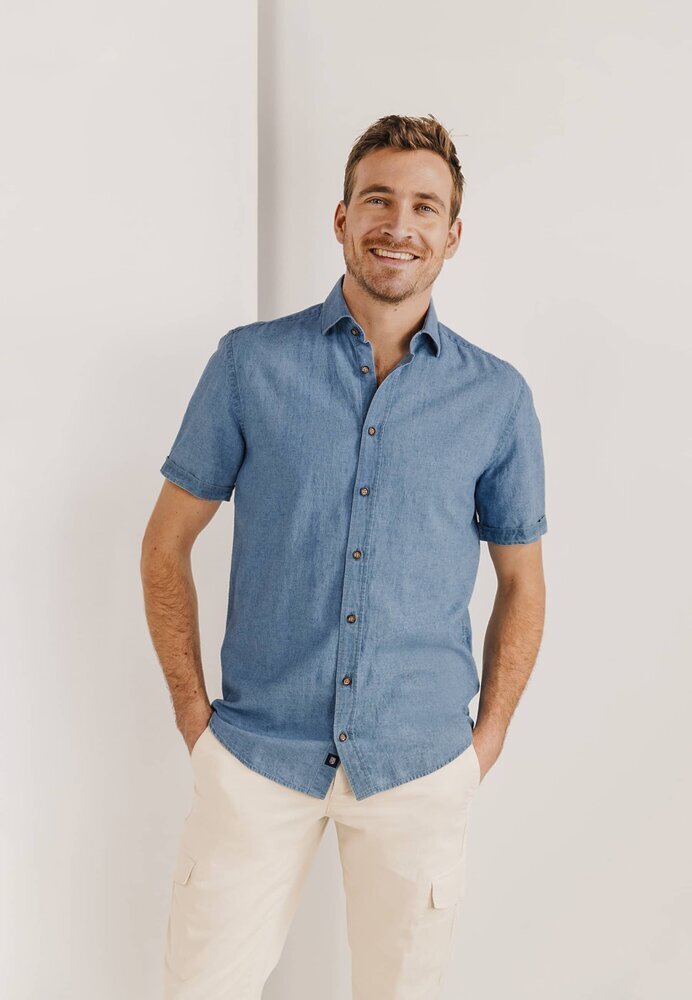 Chemise en lin effet jean (coupe classique) à manches courtes, style State Of Art