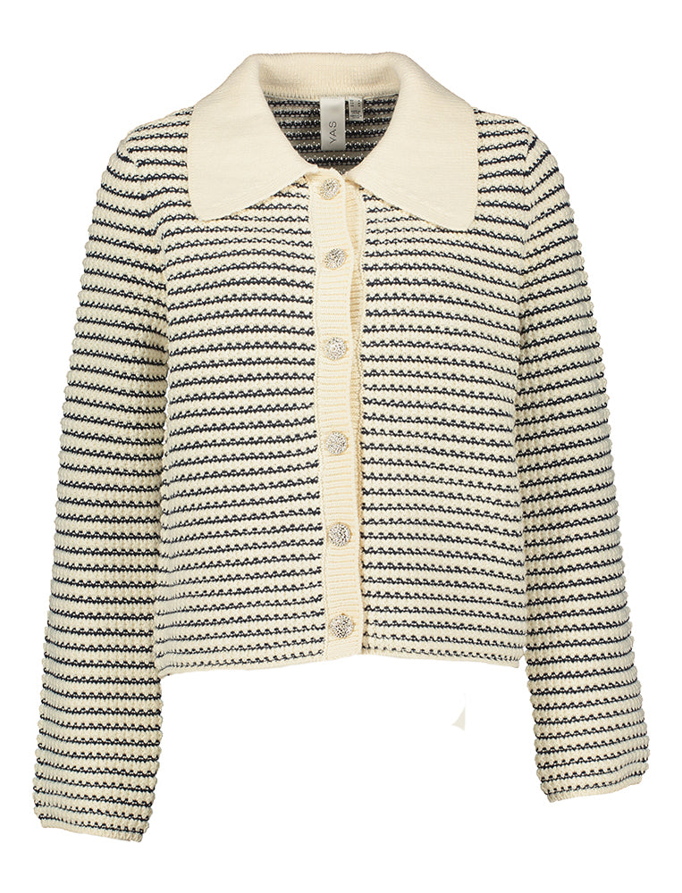 Zwart beige gebreide turi met kraag en gouden knopen Yasfanto Y.A.S